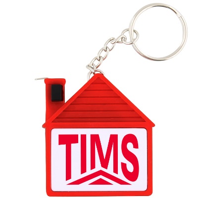Metal and plastic red house tape measure keychain with promotional logo.