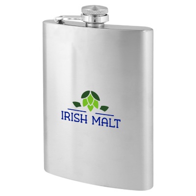 Stainless steel flask with full color custom imprint in 9 ounces.