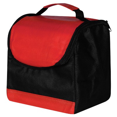 Blank red polypropylene lunch cooler bag.