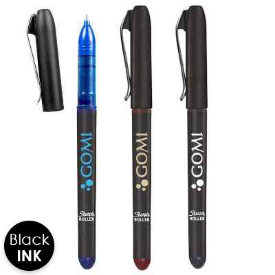 Black and blue pen with custom logo.