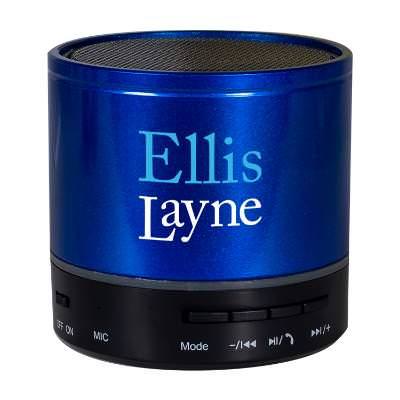 Blue metal speaker with a customized logo.