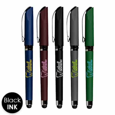 Five metal stylus pens with custom logo.