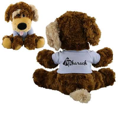 Plush and cotton gray brown puppy with custom logo.