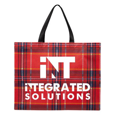 Non-woven polypropylene red with navy plaid shopping tote with logo.