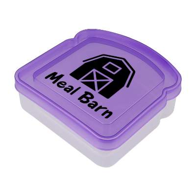 Translucent purple sandwich keeper with personalized logo.