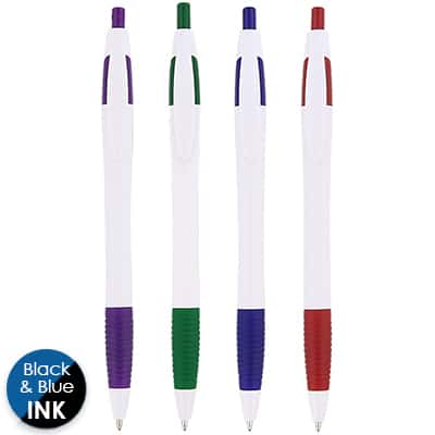 White pen with colorful accent and gripper.