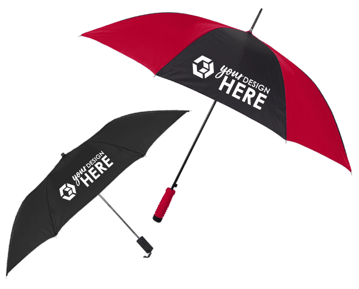 Black custom automatic umbrellas with white imprint and black and red umbrella with white imprint