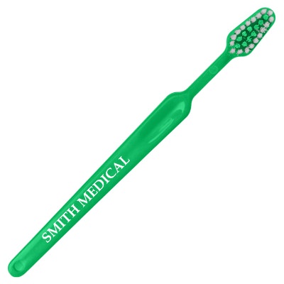 Green plastic toothbrush with a branded logo.