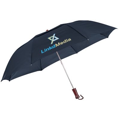 Full color logo on navy blue 44 inch umbrella with wooden handle.