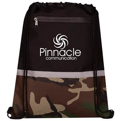 Polyester camo hunter drawstring sports bag with custom imprint.