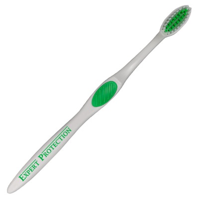 Green plastic toothbrush with a personalized logo.