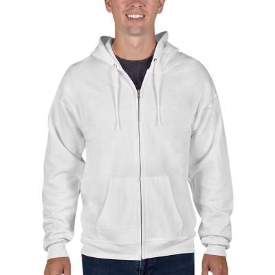 Blank white full-zip hooded sweatshirt.