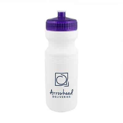 Plastic white with purple water bottle with custom imprint and push pull lid in 24 ounces.