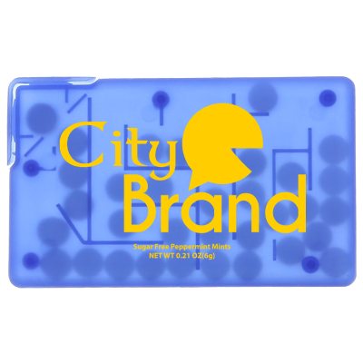 Blue rectangle puzzle credit card mints imprinted.