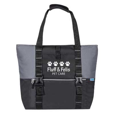 Black cooler tote with custom logo.