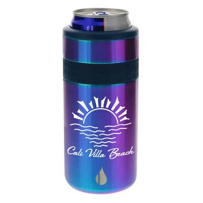 Stainless iridescent slim can cooler with custom imprint.