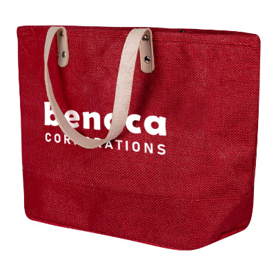 Laminated jute red tote with printed logo.