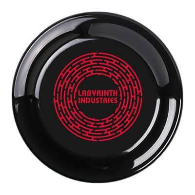 Recycled polypropylene black larger flying disc with custom imprint.