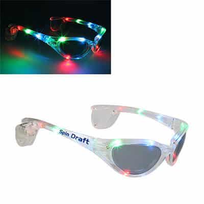 Plastic rainbow LED rival glasses with logoed brand.