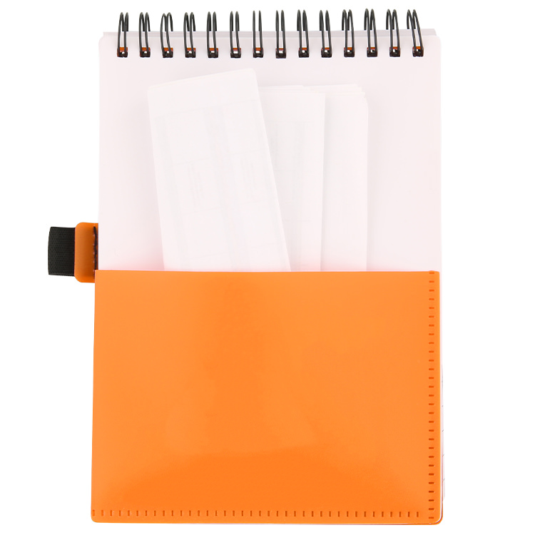 Jotter notebook with front and inside pockets.