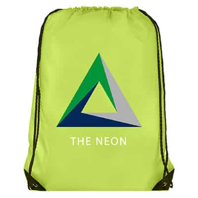 Polyester neon green drawstring bag with full-color logo and reinforced corners.