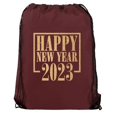 Polyester royal blue drawstring bag with personalized logo and reinforced corners.