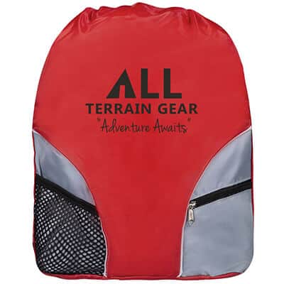 Polyester red should strap drawstring bag with custom logo.