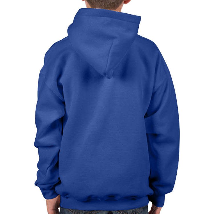 Customized royal blue youth hooded sweatshirt.