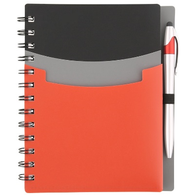 Red notebook with front pockets and stylus pen.