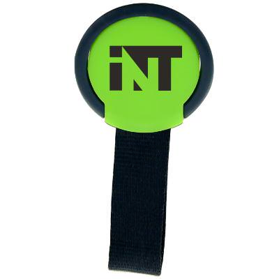 Lime green plastic phone ring stand with a custom imprint.
