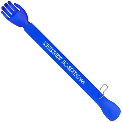 Hand shaped back scratcher with custom imprint. 