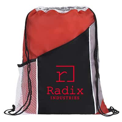 Polyester tri-color drawstring with custom logo and two front pockets.