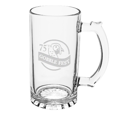 Clear beer stein with engraved logo.