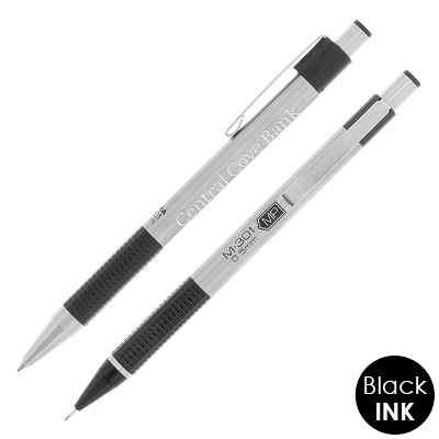 Silver with black writing set with custom engraved logo.