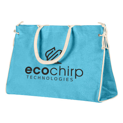 Jute and cotton turquoise Bermuda tote with custom logo.