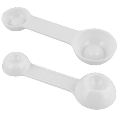 Plastic white 4 way measuring spoon with personalized blank.