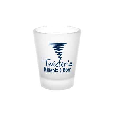 Glass frosted shot glass with branding in 1.75 ounces.