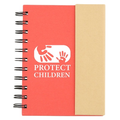Paper red small spiral notebook with sticky notes with imprinting.