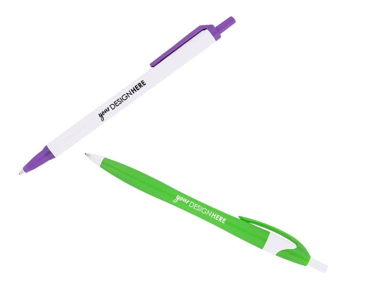 White and purple promotional plastic pens with black imprint and lime green custom plastic pens with white imprint