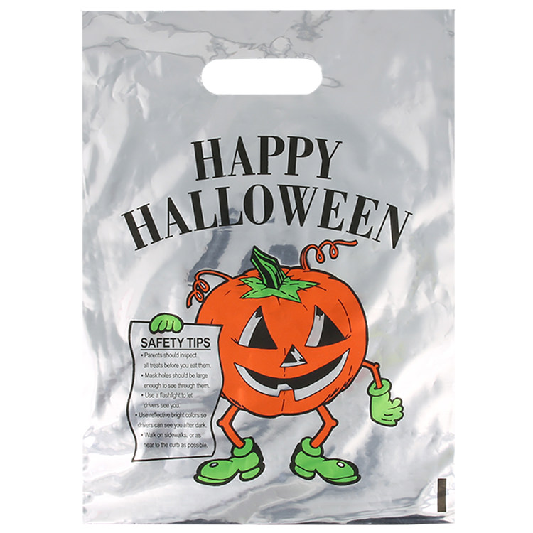 Plastic reflective pumpkin trick or treat recyclable bag.