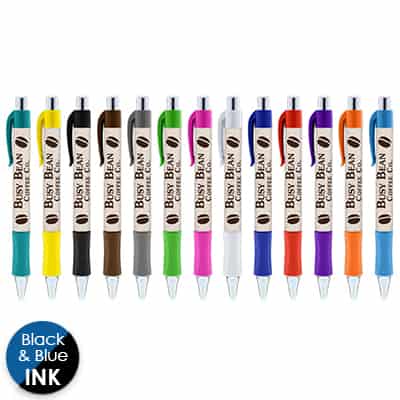 Custom plastic full-color pen with rubber grip.