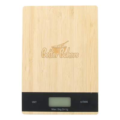 Natural bamboo digital kitchen scale with laser engraved promotional logo.