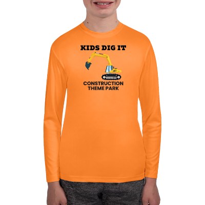 Full color logo on youth long sleeve safety orange t-shirt.
