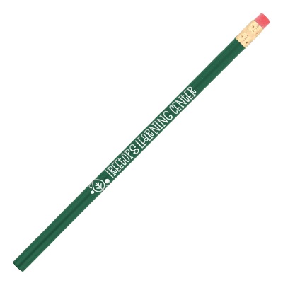 Green pencil with white customized imprint.