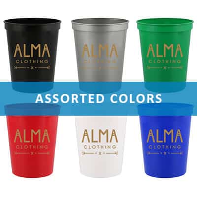 Plastic assorted bright colored stadium cups with custom imprint in 16 ounces.