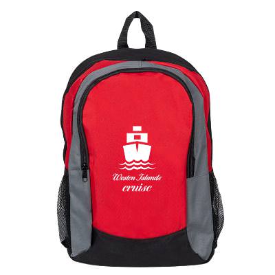 Red backpack with custom logo.