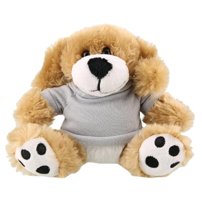 Plush and cotton dog with heather gray shirt blank.
