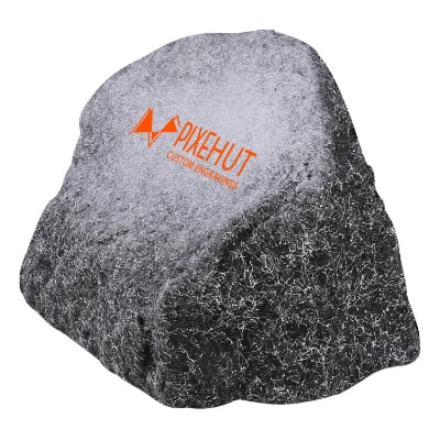 Foam rock stress ball with a custom imprinted brand.