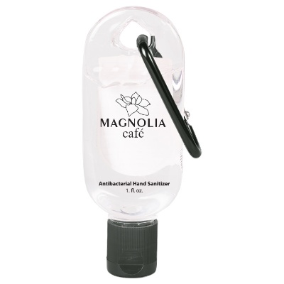 Plastic 1 ounce black hand sanitizer with carabiner with a personalized logo.