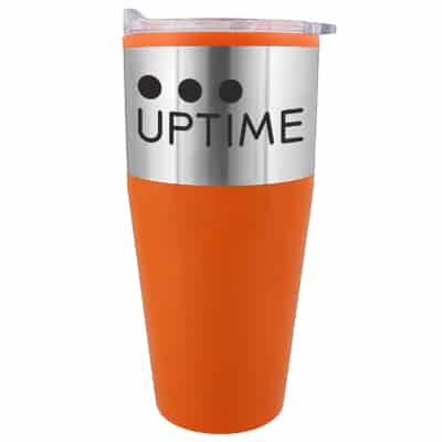 Stainless steel orange tumbler with custom print in 20 ounces.
